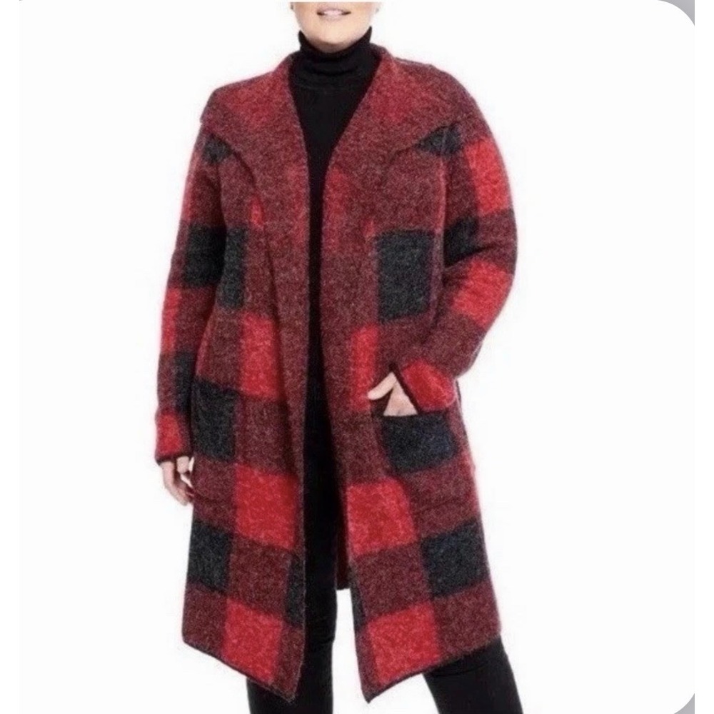 Joseph A Open Front Long Cardigan Sweater Sz L Red Black Plaid Coat Warm Thick